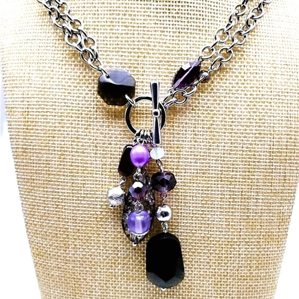 Lia Sophia VIOLET HOUR Double-layered Silver Chain Purple Acrylic Cluster Pendan